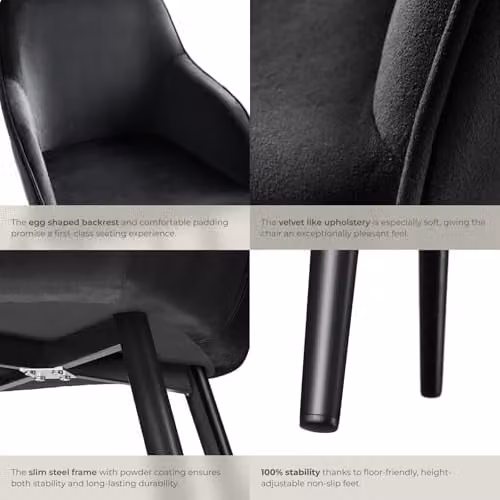 tectake Set of 8 Marilyn Dining Chairs in Black Velvet with Armrests and Metal Legs – 7