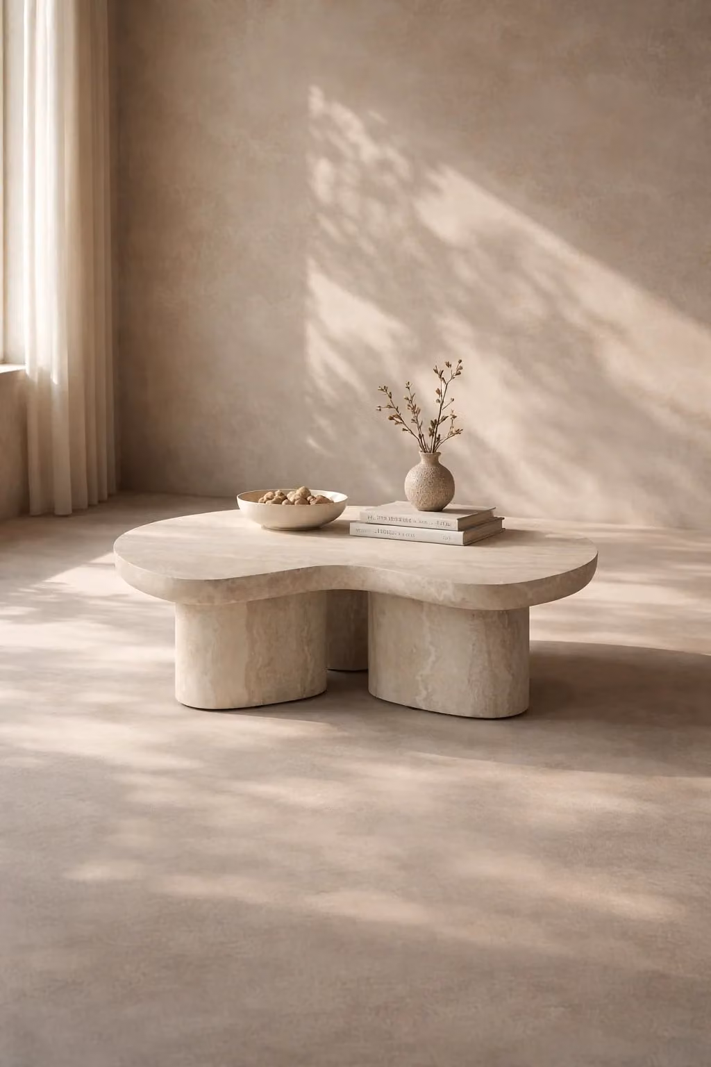Tommy Franks Lilac Round Coffee Table in Beige Faux Travertine Composite, W/D/H: 90 x 90 x 30 cm