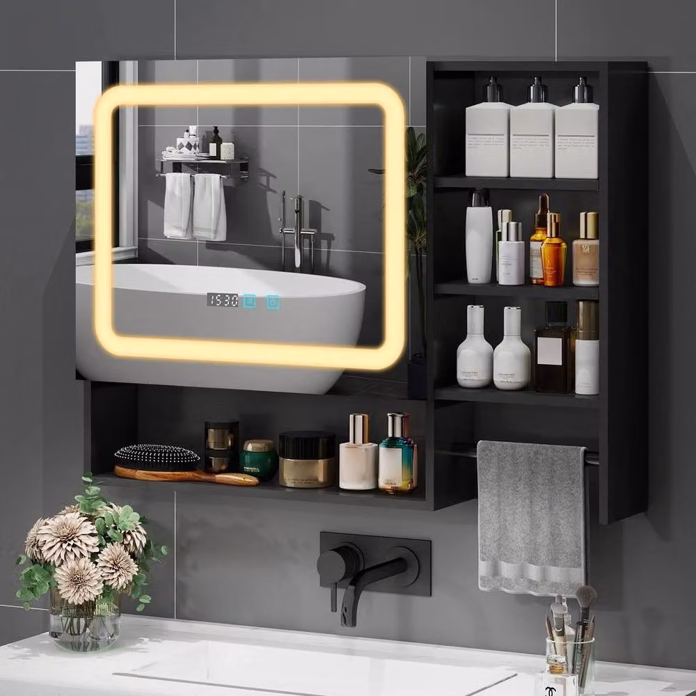 FORGEVIO Modern Black Wall-Mounted Bathroom Mirror Cabinet with Integrated LED Lighting and Glass Hinged Doors – 2