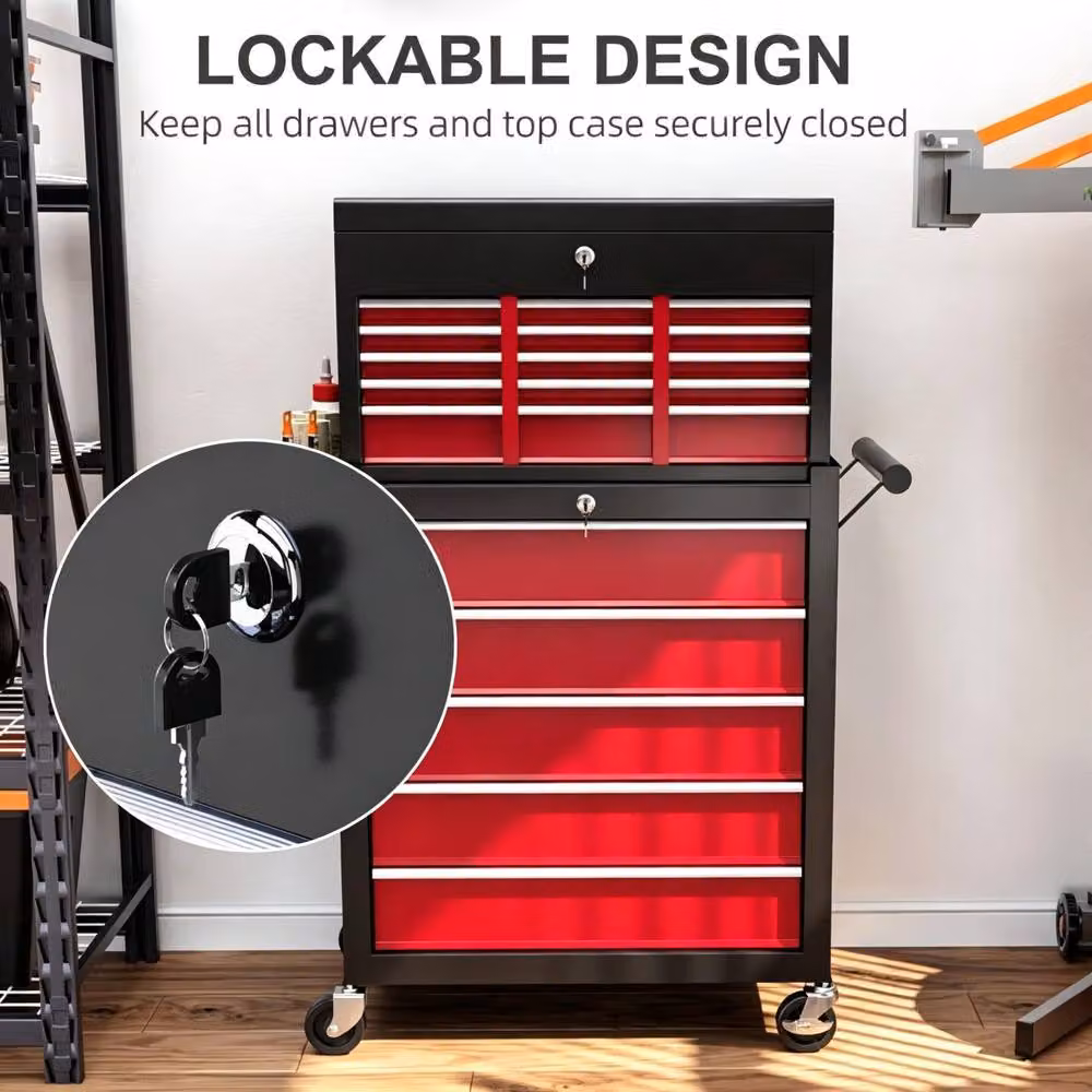 STILVORA Steel Tool Storage Chest with 14 Lockable Drawers and Wheels, Red, H 76 cm x W 60 cm x D 75 cm – 8