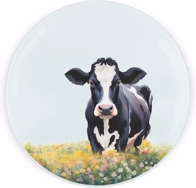 Purely Home Friesian Cow Round Textured Glass Worktop Protector and Chopping Board in Black, White and Multicolour