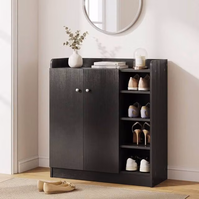 STILVORA Black Modern Shoe Cabinet with Adjustable Shelves and Hinged Doors – 1