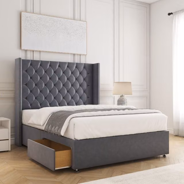 BSSPOKE Olivia Plush King Size Divan Bed Set with 54 inch Headboard, 2 Drawers, Footend and Mattress in Charcoal Grey Velvet