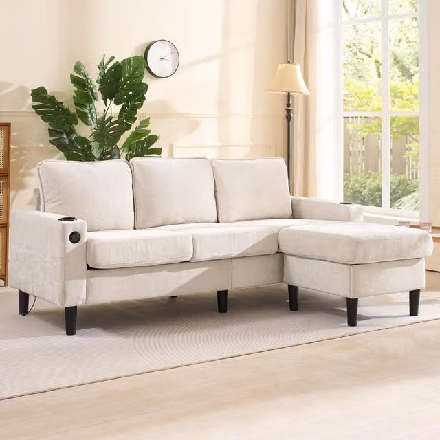 Aosom UK L-Shaped Reversible Corner Sofa with USB Charging Ports, Cup Holders and Storage Ottoman in Beige, W/D/H: 202 x 137 x 80 cm
