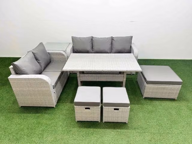 Fimous 8 Seater Grey PE Rattan Wicker Garden Furniture Set with Rectangular Dining Table, 3 Seater Sofa, Love Seat and 3 Stools