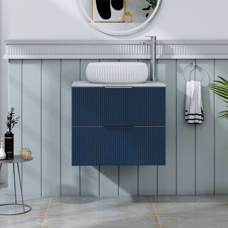 Royal Bathrooms Evora Midnight Blue Fluted Wall Hung Vanity Unit with Milan Basin and 2 Drawers