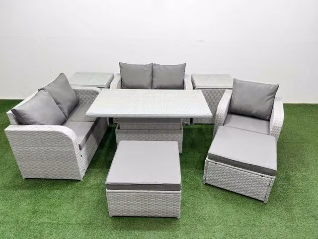 Fimous Grey Poly Rattan Garden Furniture Set with Reclining Lounge Armchair, 2-Seater Sofa, and Adjustable Coffee Table