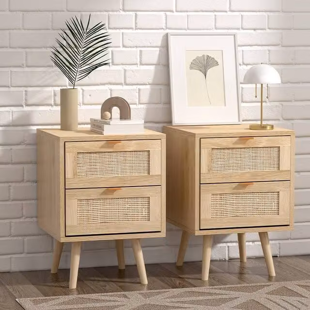 H&O Direct 2 Pack Natural Pine Wood and Rattan Freestanding Side Cabinets in Beige and Sand