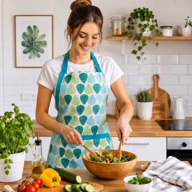 Orsina Orange and Green Leaf Printed Apron with Adjustable Neck Strap – 2