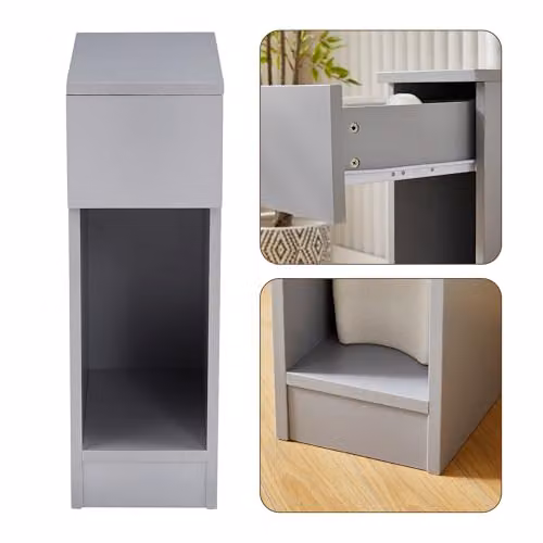 MCC Direct Ava Slim Solid Wooden Bedside Table with Open Shelf and Drawer, Grey – 4