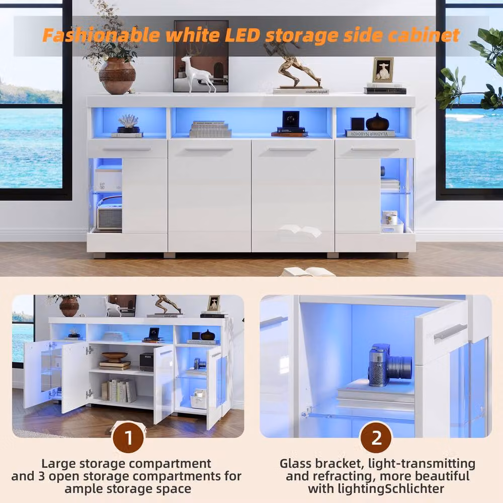 Merax White High Gloss Modern Sideboard with Integrated LED Lighting and Glass Shelves, W: 140 cm – 3