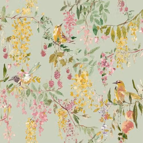 Grandeco BlackBerry Trail Botanical Floral Textured Wallpaper, Green