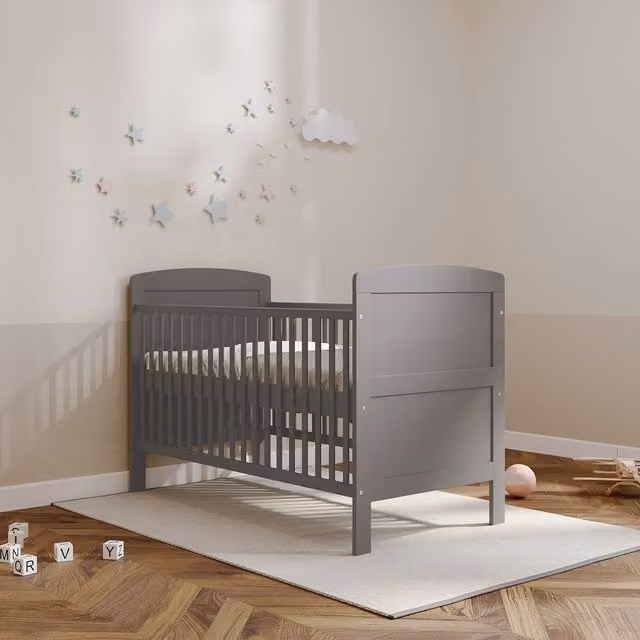 Viculii Modern Grey Cot Bed with Mattress and Drop Side, W/D/H: 140 x 70 x 70 cm