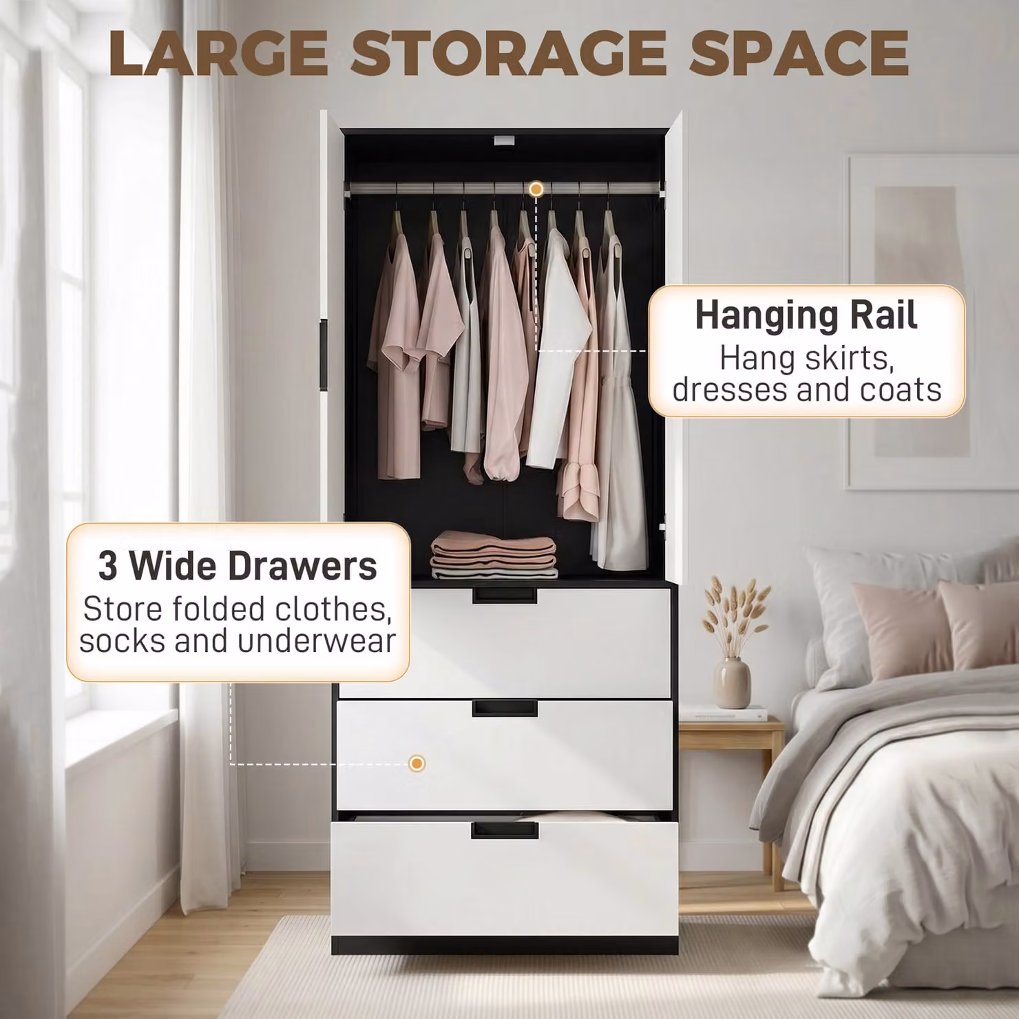 HOMCOM Modern Double-Door Wardrobe with 3 Internal Drawers and Hanging Rod in Black and White – 4