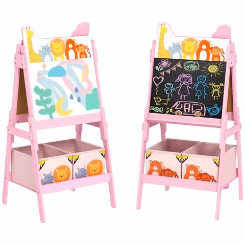 AIYAPLAY 2 in 1 Kids Easel with Whiteboard, Chalkboard and Storage Boxes, Pink – 1