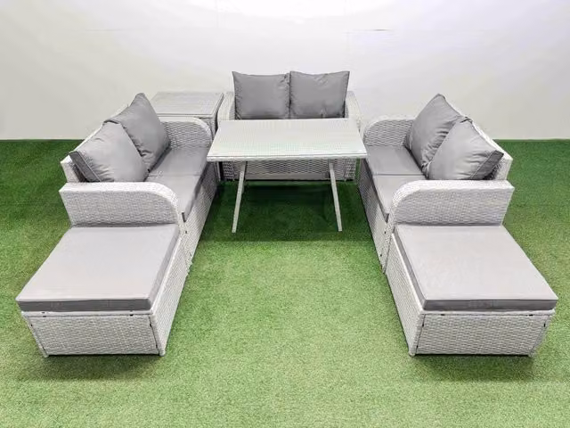 Fimous 8-Seater Patio Set with Rectangular Table, Love Sofa and Side Table in Light Grey