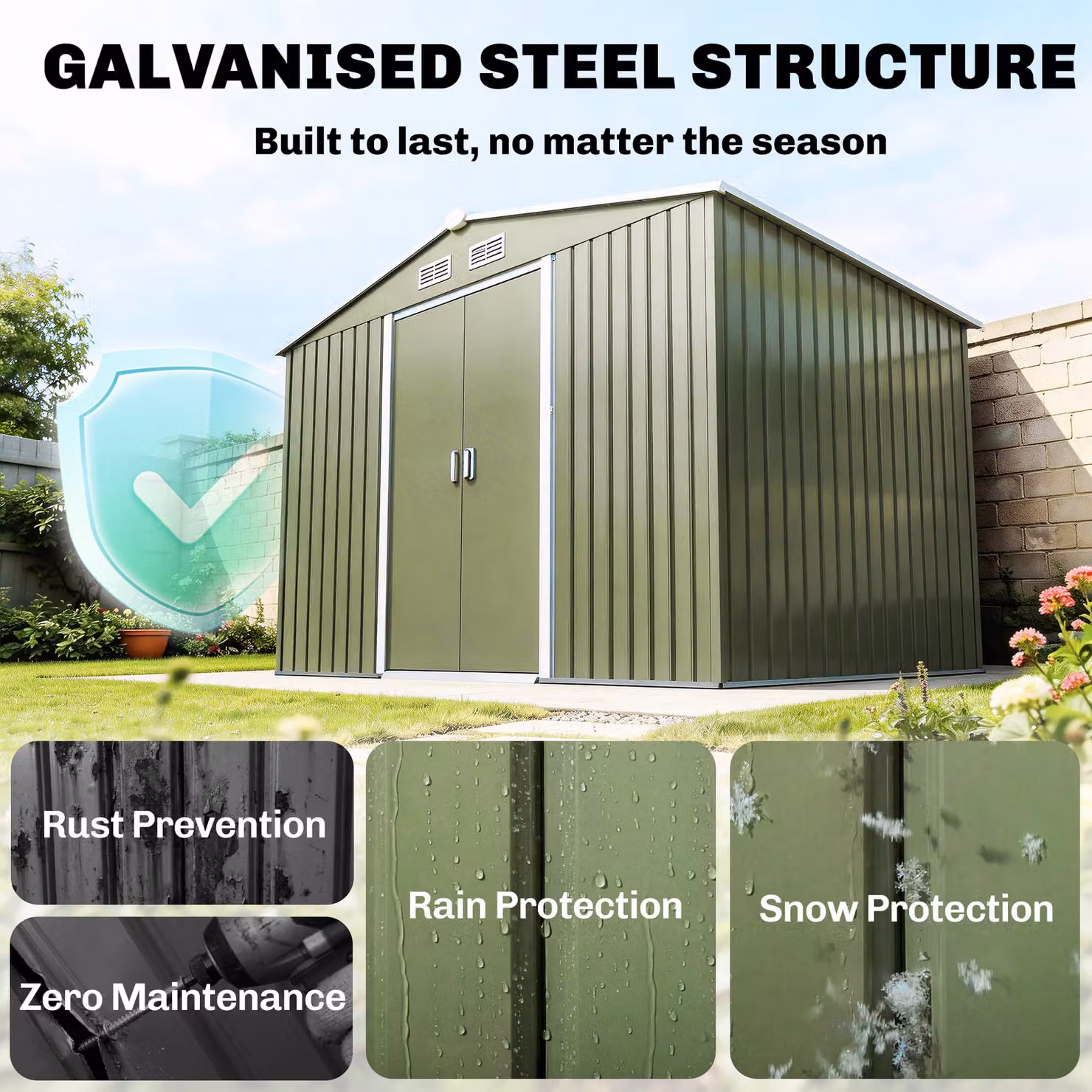 Outsunny Metal Garden Storage Shed with Corrugated Steel Roof and Foundation, Light Green, W: 274.3 cm, D: 183.0 cm, H: 192.0 cm – 4