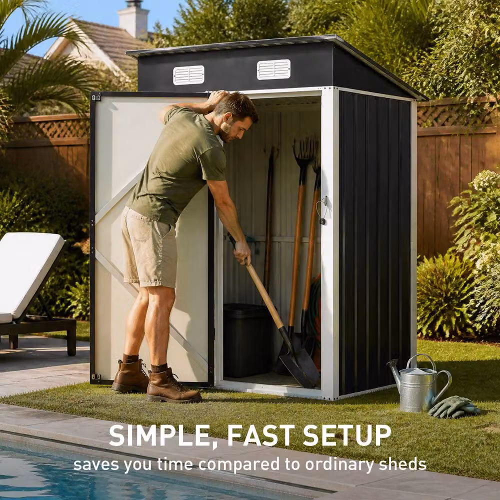 Living and Home Black Metal Pent Garden Storage Shed with Lockable Door, W: 152.4 cm, D: 91.44 cm, H: 152.4 cm – 3