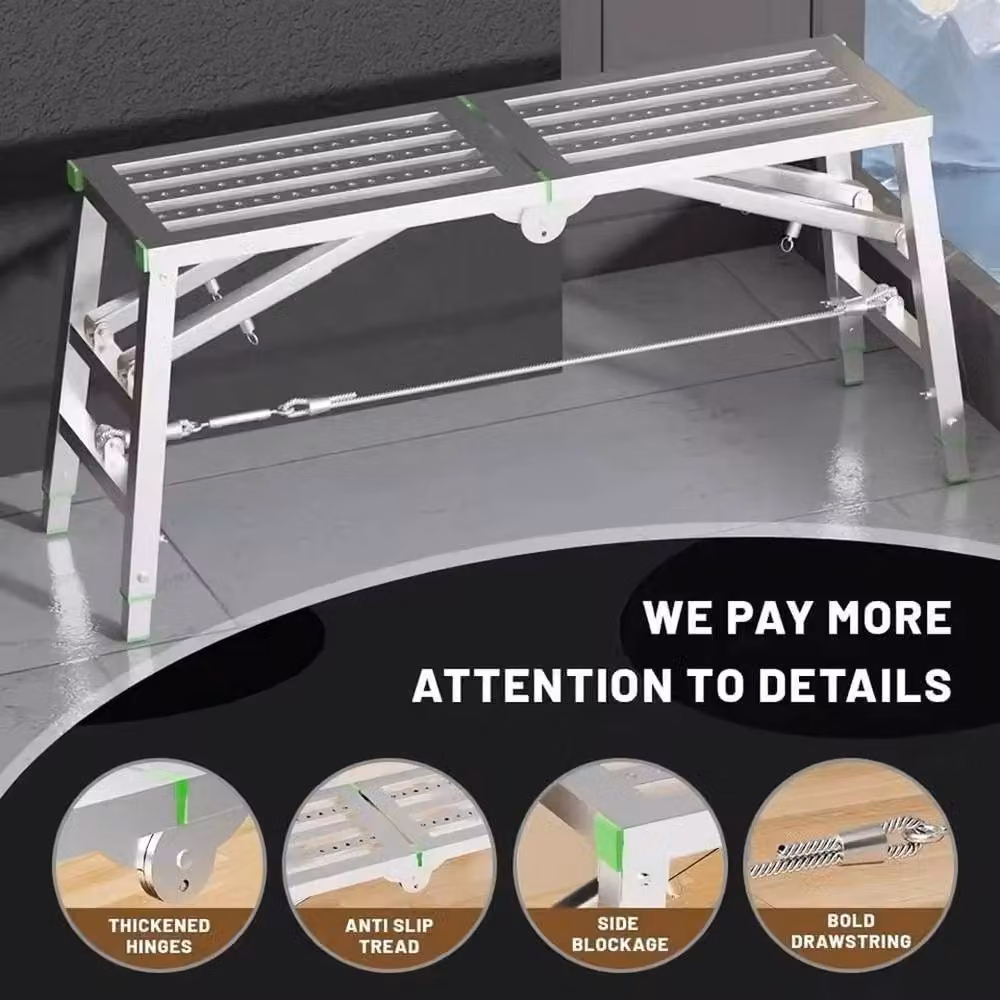 VOGREX Heavy Duty Folding Adjustable Hop-Up Work Platform Ladder in Silver, W/D/H: 140 x 30 x 70-110 cm – 2