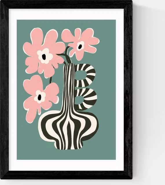 East End Prints Floral Botanical Stripe Framed Art in Black and Multicolour