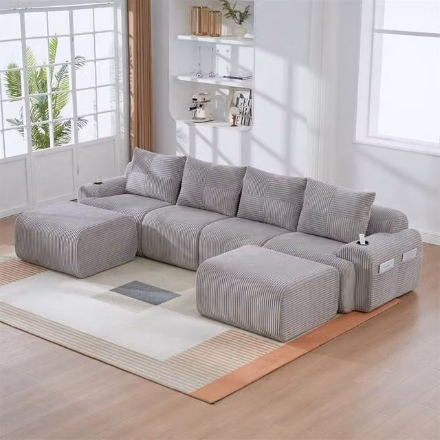 Direct Wicker 4-Seater Modular Cord Sofa with 2 Ottomans, Cup Holders and Storage in Light Grey