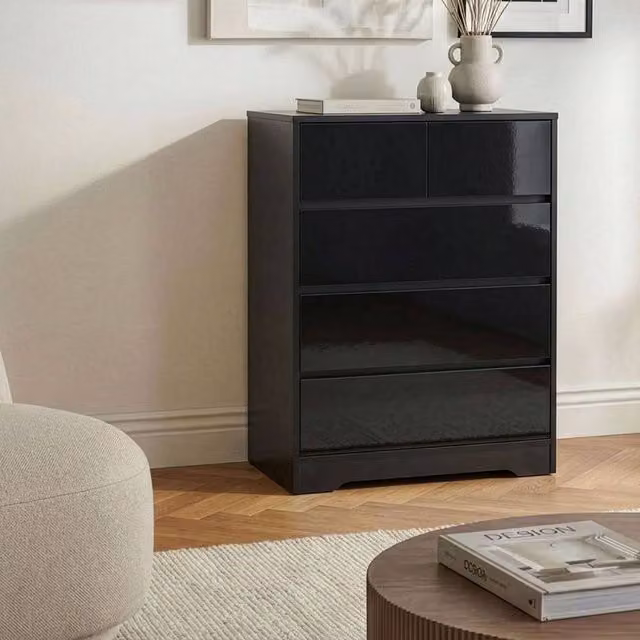 Wyld and Coco Black Five-Drawer Sideboard, Scandinavian Style MDF Storage Unit