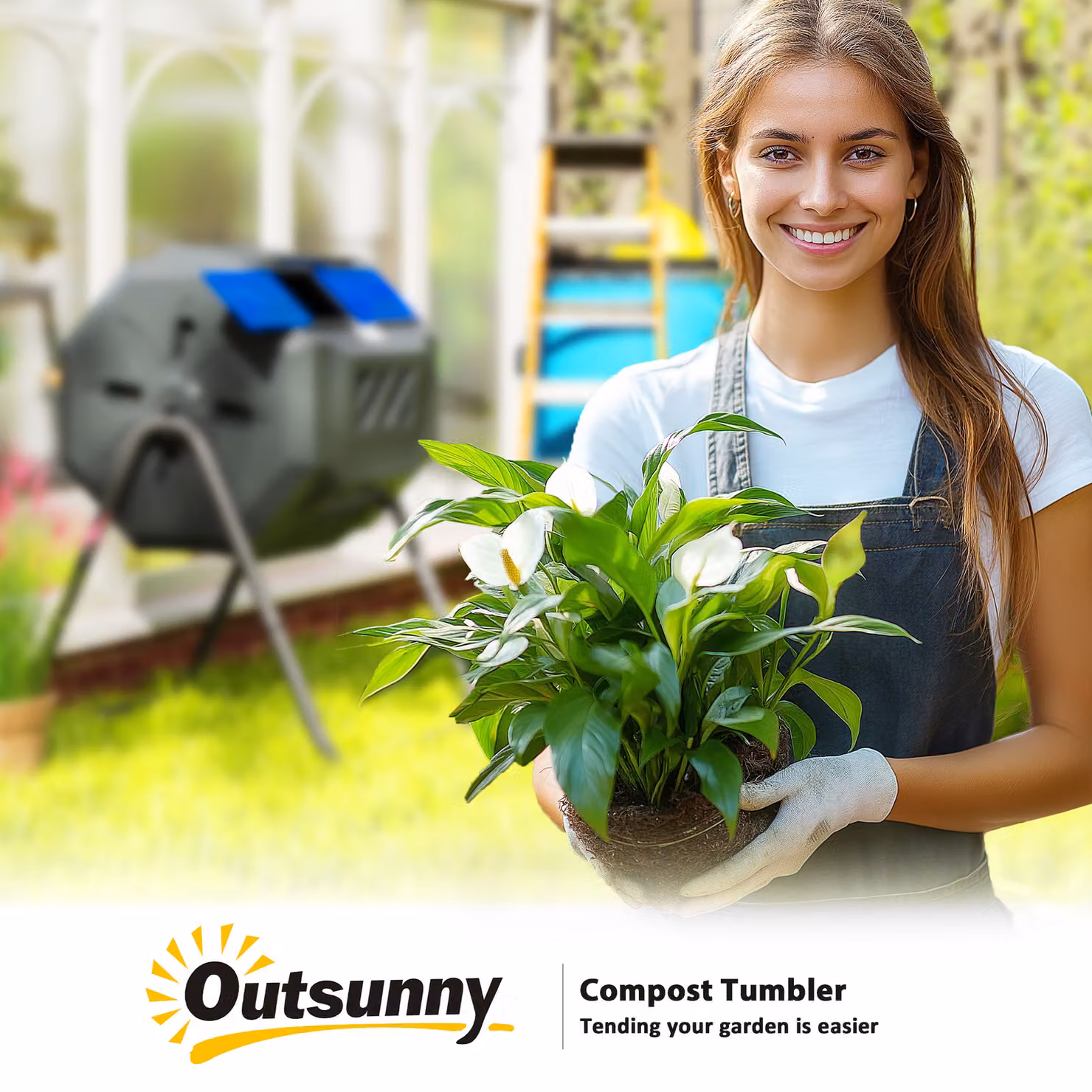 Outsunny 160L Dual Chamber 360 Degree Rotating Tumbling Compost Bin with Sliding Doors and Steel Frame, Blue – 8