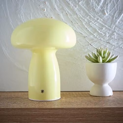 K LIVING Cory Mushroom Shape Glass LED Rechargeable Table Lamp in Yellow