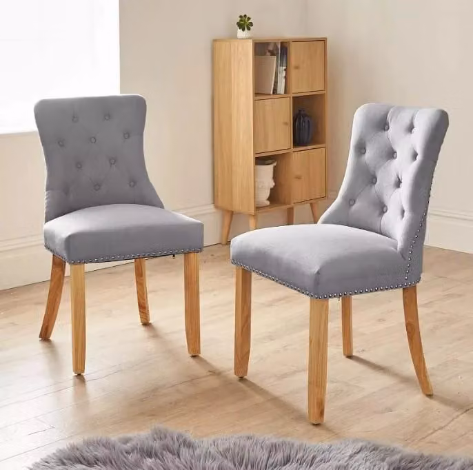 Warwick Chenille Pair of Grey Fabric Dining Chairs with Oak Effect Wood Legs