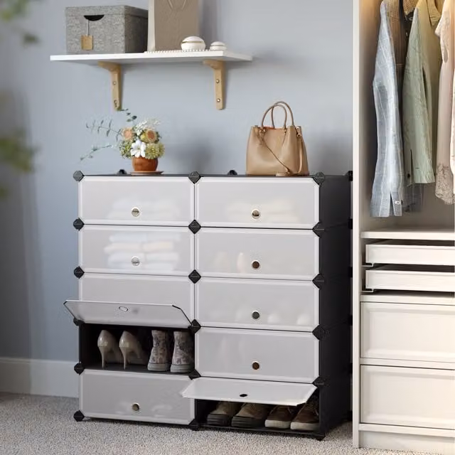 SONGMICS Modular Shoe Cabinet with 10 Compartments, Black, W/D/H: 31 x 31 x 173 cm
