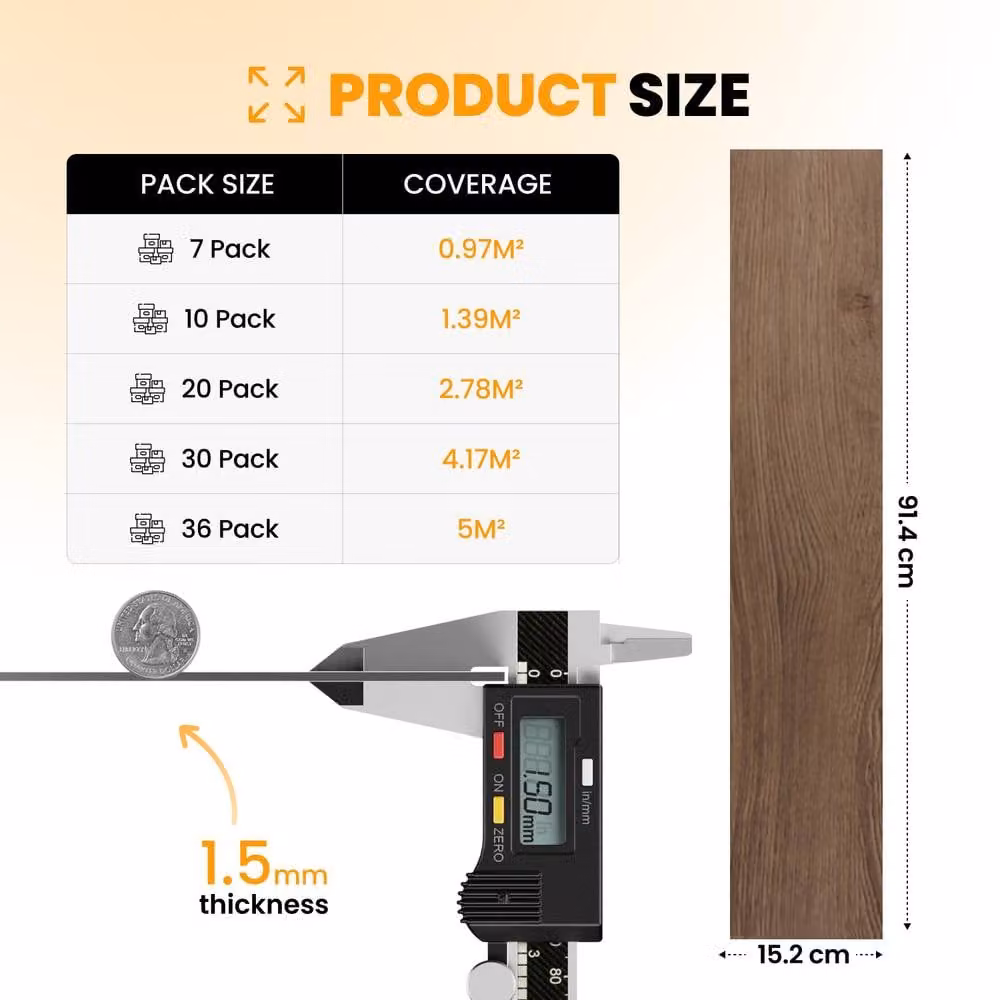 Novecrafto Self Adhesive Wood Look Vinyl Floor Planks, Pack of 10, Brown, W: 91.4 cm, D: 15.2 cm – 3