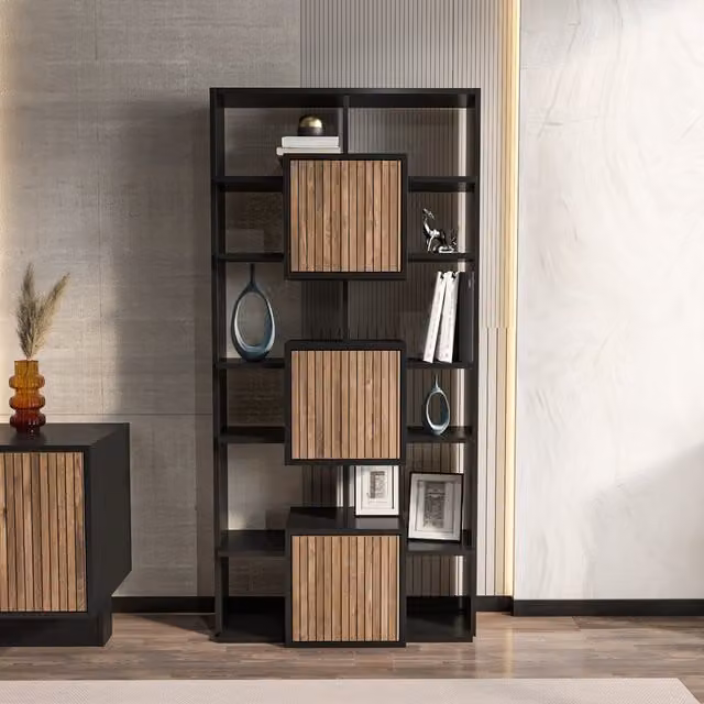 Decorotika Monaco Bookcase in Black and Brown with Open Shelves and Doors