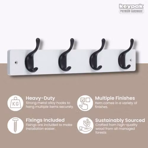 Keypak Modern 4-Hook Coat Rack with Matte Black Metal Hooks on a White Wooden Board, Width: 46 cm – 2