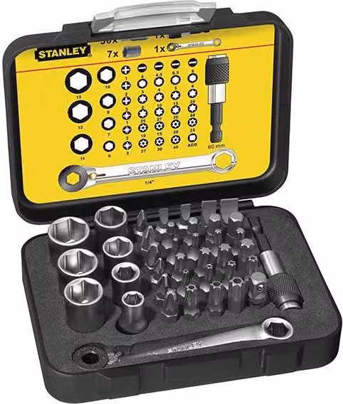 Stanley 39 Piece Bit and Socket Set with 1/4 Inch Drive Ratchet End in Black