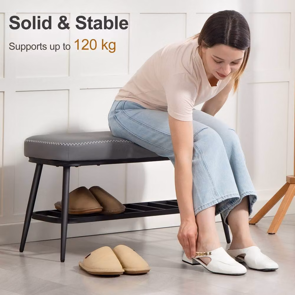 STILVORA Shoe Storage Bench with Shelf in Grey PU Leather, W/D/H: 120 x 45 x 82 cm – 5