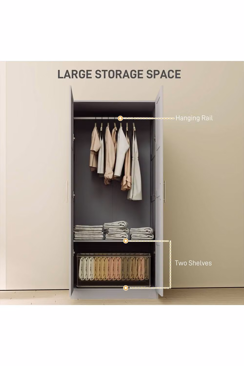 ERGOVEXA Double Paneled Wardrobe in Grey with Soft Close Hinged Doors and Internal Shelves, H 180 cm x W 80 cm x D 53.5 cm – 2