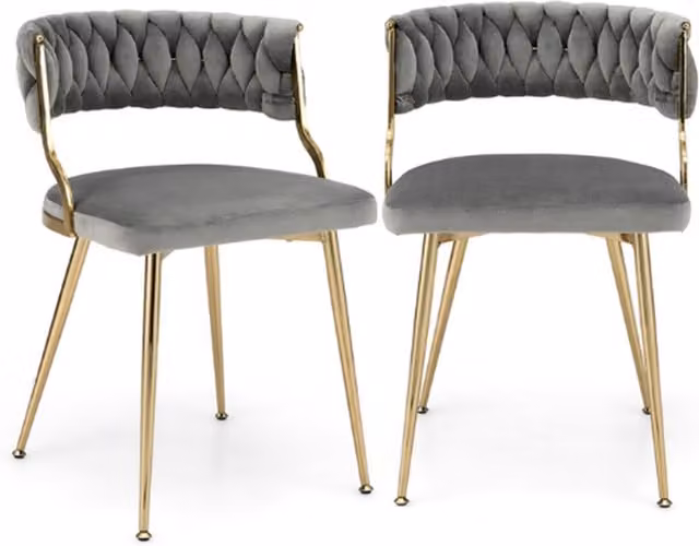 Costway Set of 2 Grey Velvet Upholstered Kitchen and Dining Chairs with Woven Backrest and Gold Metal Frame