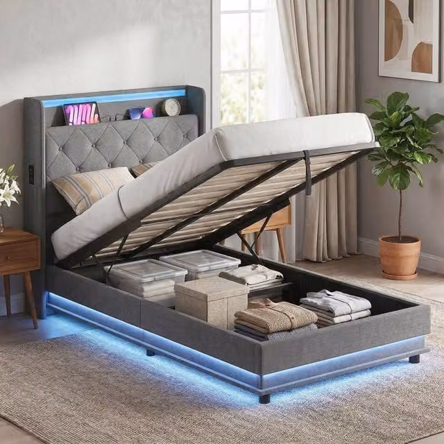 HOMCOM Single Lift Up Storage Bed Frame with RGB LED Lights and USB Charging Port, Dark Grey – 1