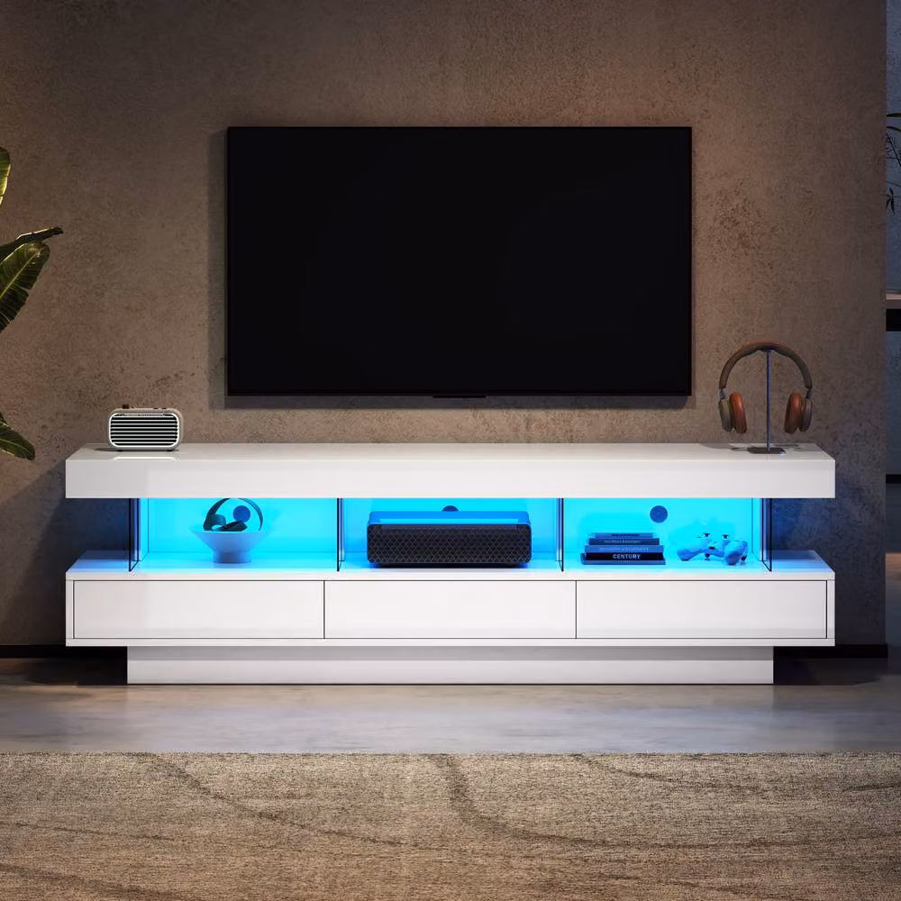 BTM High Gloss TV Stand with LED, 3 Drawers and Shelves in White, W/D/H: 160 x 50.5 x 38 cm – 3