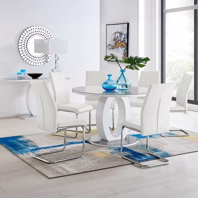 FurnitureboxUK Giovani Round Grey Dining Table and 6 Lorenzo White Chairs Set, Diameter: 120 cm