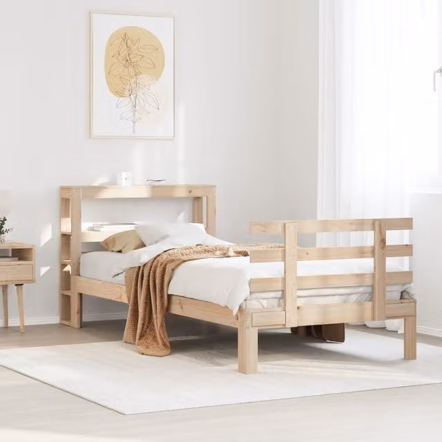 Berkfield Home Small Single Bed Frame with Headboard and Side Compartments in Brown Pine Wood, W/D/H: 75 x 190 x 75 cm