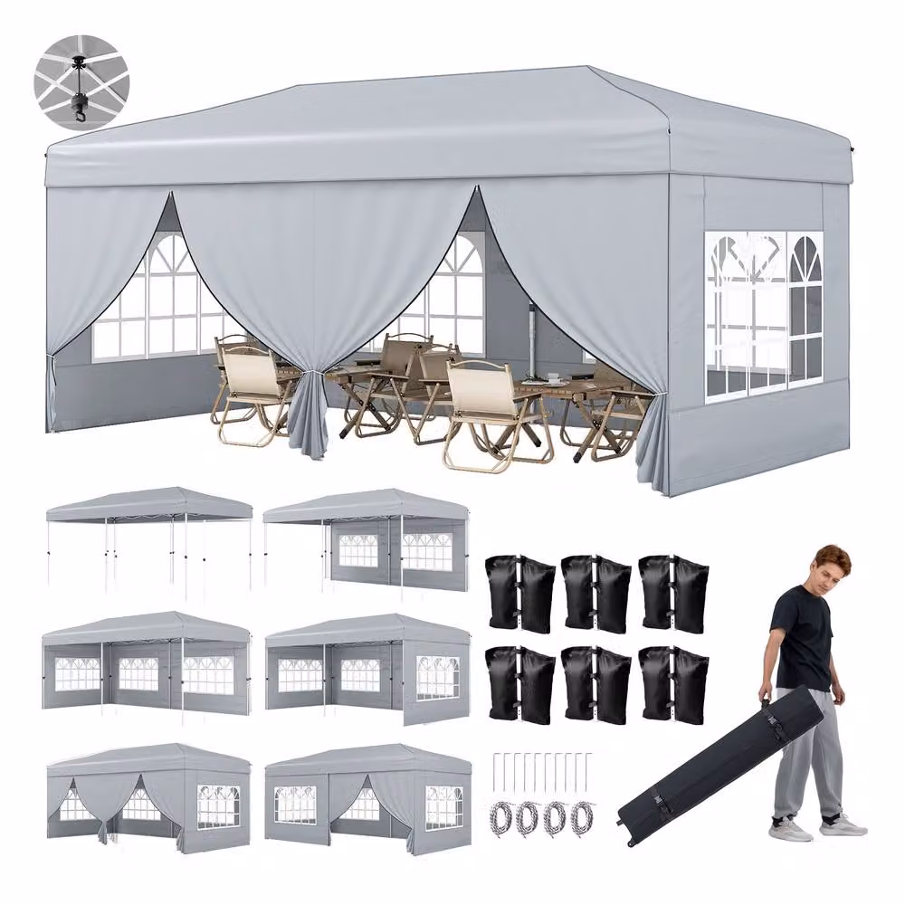 Costway Pop Up Canopy Tent Patio Sunshade Shelter with 6 Sidewalls, Grey/Silver, W: 600 cm, D: 300 cm, H: 250 cm – 2