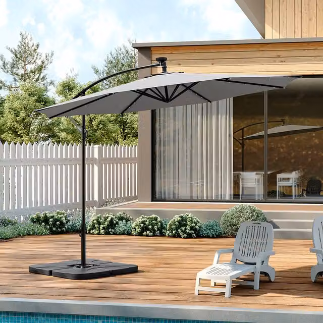 Livingandhome 3m Garden Parasol Umbrella with LED Light and Square Base, Grey