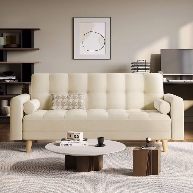 Yaheetech Modern Velvet Upholstered Click-Clack Convertible Sofa Bed in Beige and White