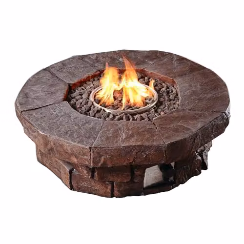 Teamson Home Brown Round Stone Effect Propane Gas Fire Pit Table with Lava Rocks and Cover – 2