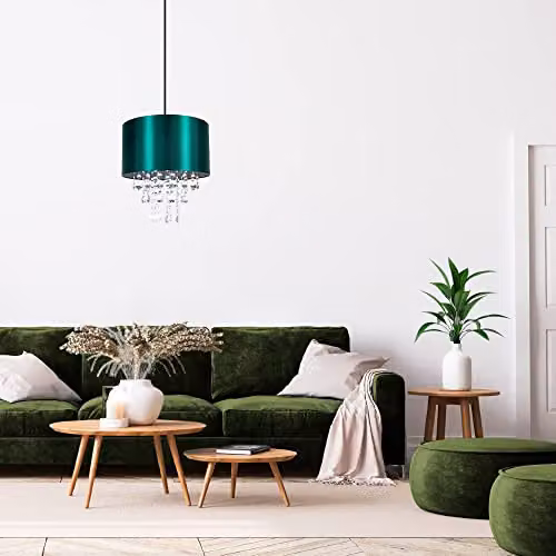 Happy Homewares Modern Round Satin Fabric Pendant Light Shade in Green with Transparent Droplets, Diameter: 30 cm – 4