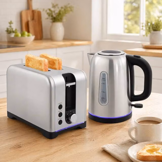 STILVORA Toaster and Kettle Set in Silver with Blue Light Strip