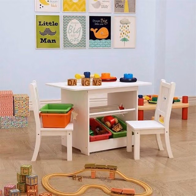 Nordara White Wooden Kids Table and Chairs Set with Storage for Nursery or Bedroom – 1