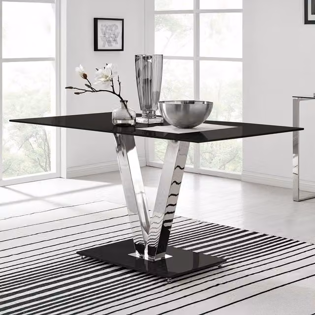FurnitureboxUK Florini Modern Rectangular Dining Table with Black Glass Top and Metal X-Frame Base