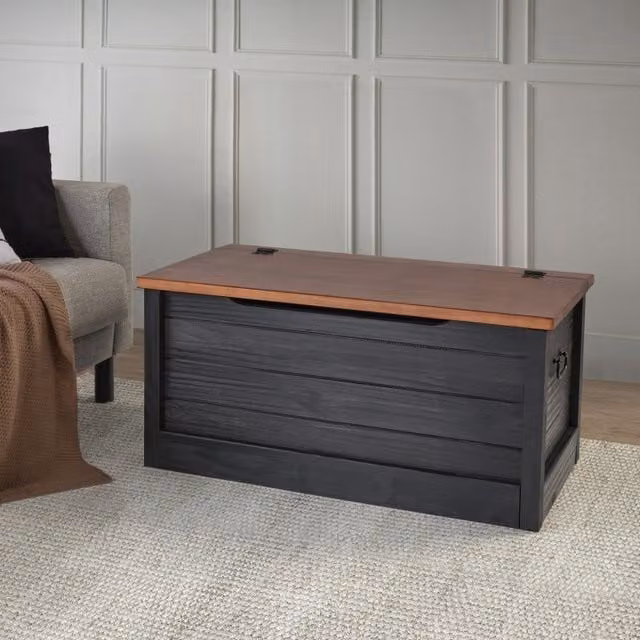 Mercers Furniture Cottage Solid Wood Pine Blanket Box Ottoman Chest in Black, W/D/H: 90 x 48 x 45 cm
